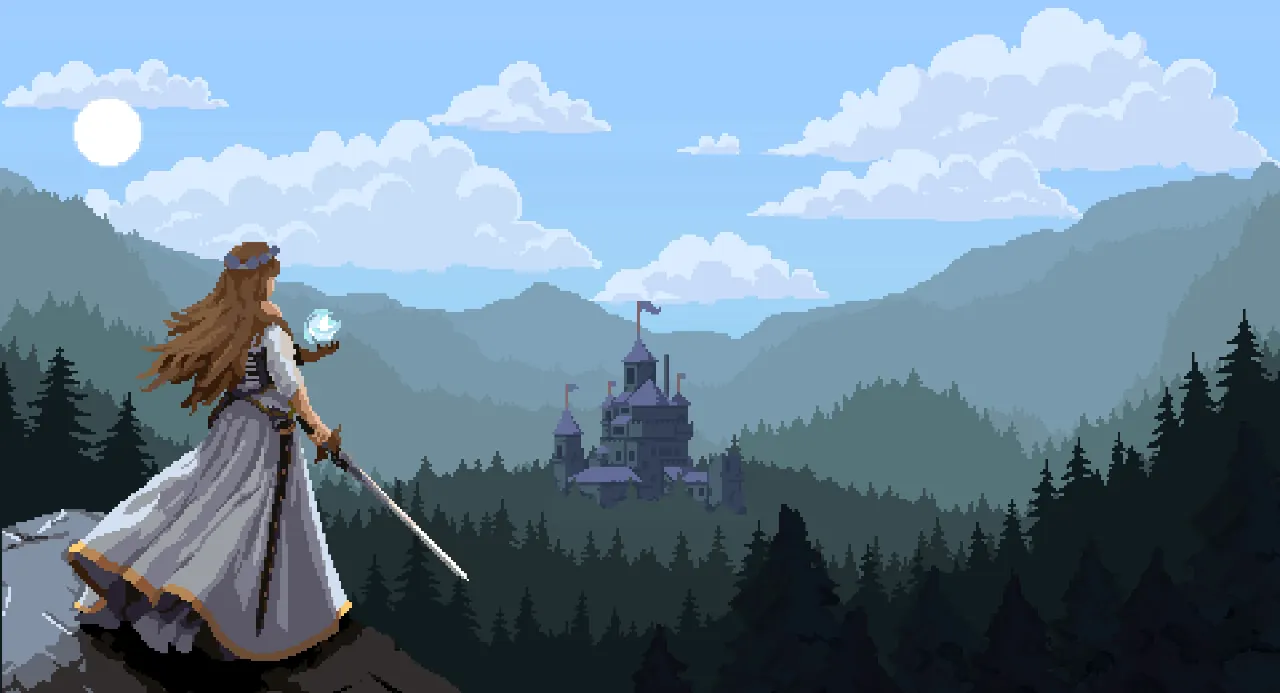 Illustration originale de Corps Royaux : aventurière face à la vallée